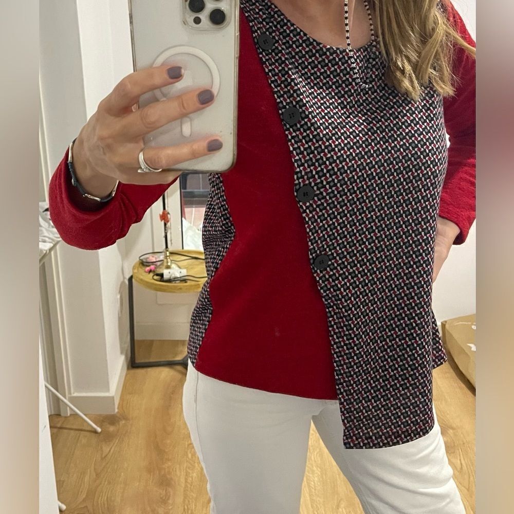 Prima Textil made in Spain asymetrical red & patterned sweater sz M / L